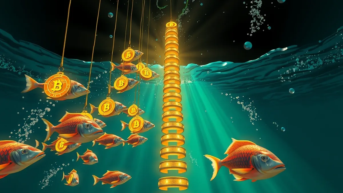 Underwater fishing lines and coin-carrying fish rising toward the surface