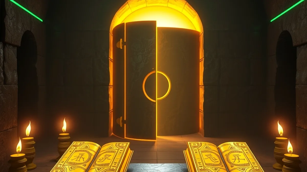 Three golden books glowing on an altar inside an Egyptian tomb
