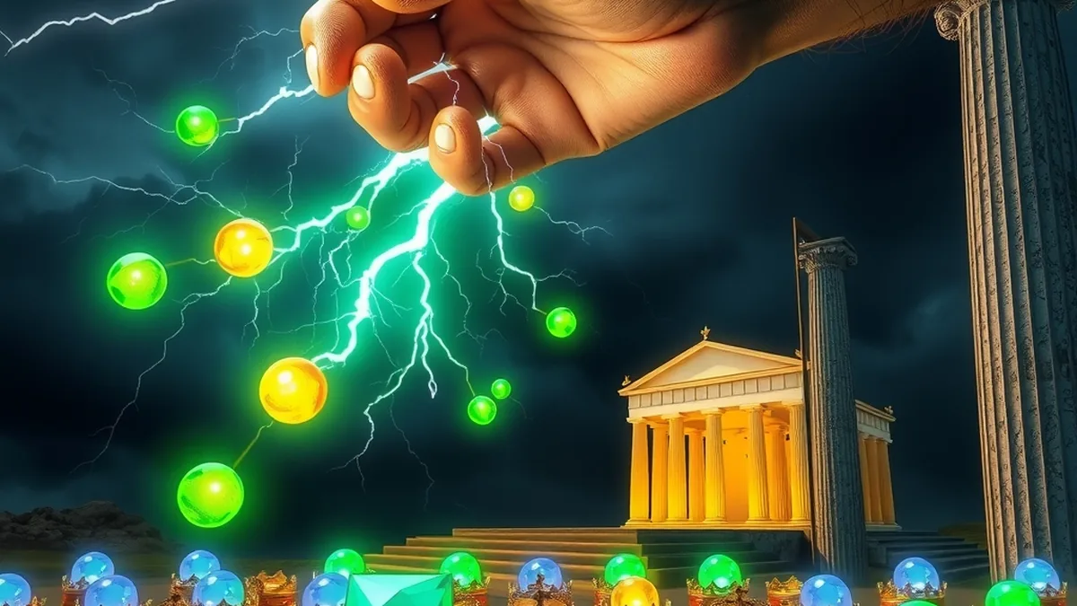 Lightning hand throwing glowing orbs over gems and golden temple gates