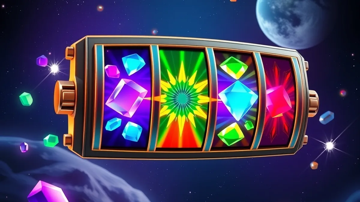 Expanding starburst wild across middle reels with glowing gems in space