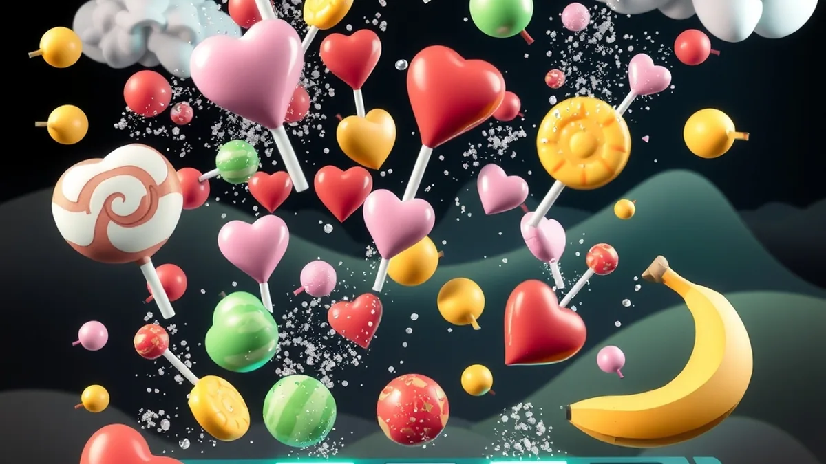 Cascading candies and fruit falling through a glowing grid with sugar sparkles
