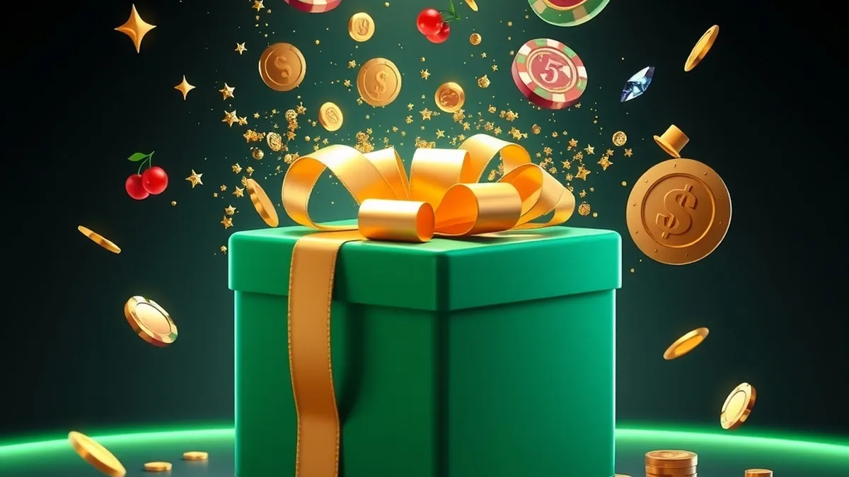 Open gift box releasing chips, coins and confetti for the Tucan Casino welcome bonus