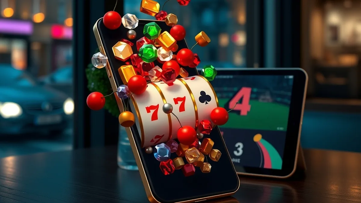 Smartphone with slot reels bursting from the screen in the Tucan Casino app